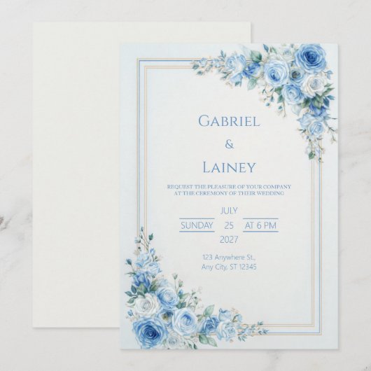 Dusty Blue Rose Gold Double Frame Wedding 招待状 (正面/裏面)