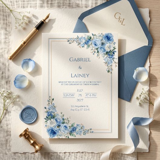 Dusty Blue Rose Gold Double Frame Wedding 招待状