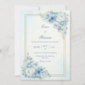Dusty Blue Rose Gold Double Frame Wedding 招待状 (正面)