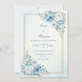 Dusty Blue Rose Gold Double Frame Wedding 招待状