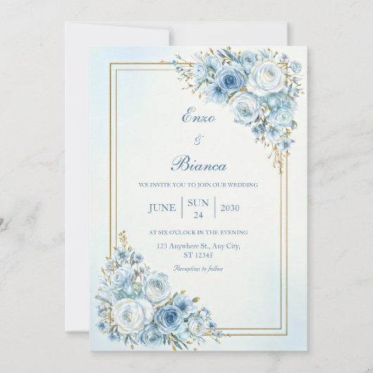 Dusty Blue Rose Gold Double Frame Wedding 招待状 (正面)