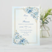 Dusty Blue Rose Gold Double Frame Wedding 招待状 (スタンド正面)