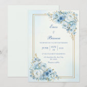 Dusty Blue Rose Gold Double Frame Wedding 招待状 (正面/裏面)