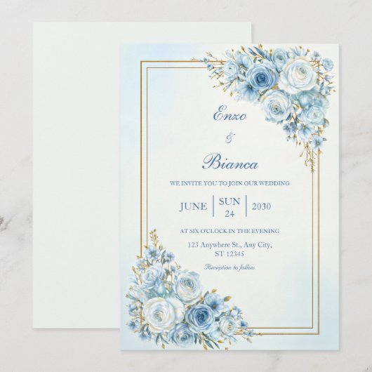Dusty Blue Rose Gold Double Frame Wedding 招待状 (正面/裏面)