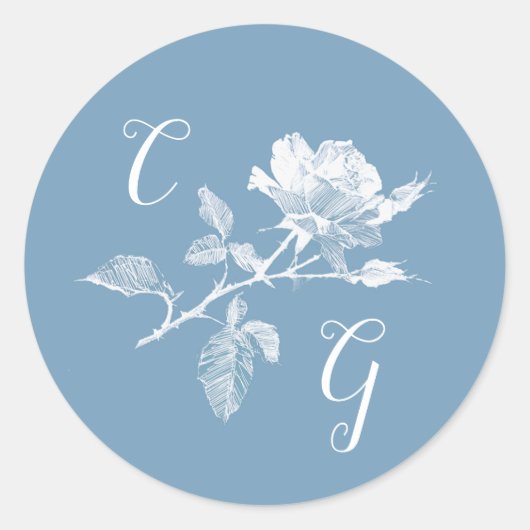 Dusty Blue Rose Line Art Monogram Wedding ラウンドシール (正面)