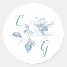 Dusty Blue Rose Line Art Monogram Wedding ラウンドシール