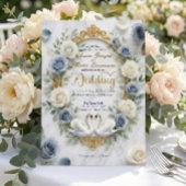 Dusty Blue Rose Marble Swan Fairytale Wedding 招待状