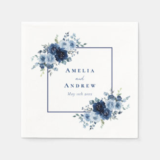 Dusty Blue Rose Navy Floral Elegant Wedding スタンダードカクテルナプキン
