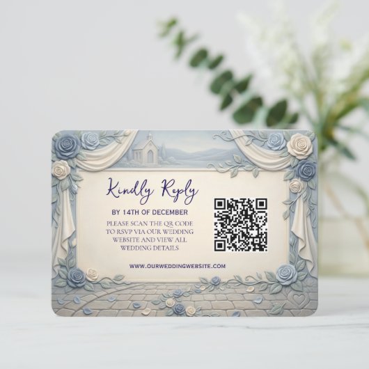 Dusty Blue Rose QR Code Wedding  出欠カード (スタンド正面)