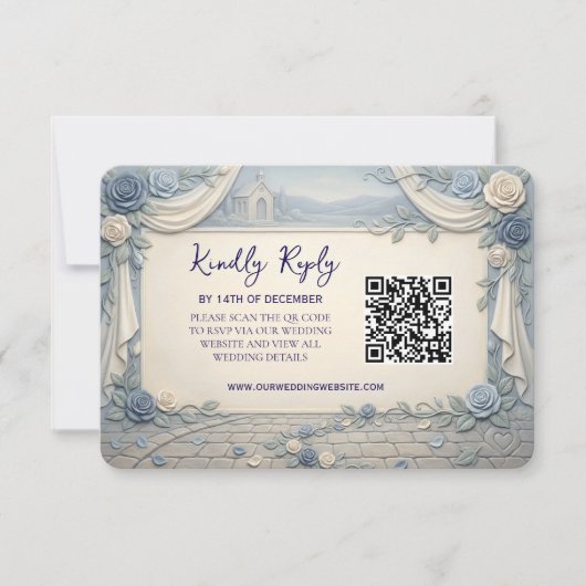 Dusty Blue Rose QR Code Wedding 出欠カード (正面)