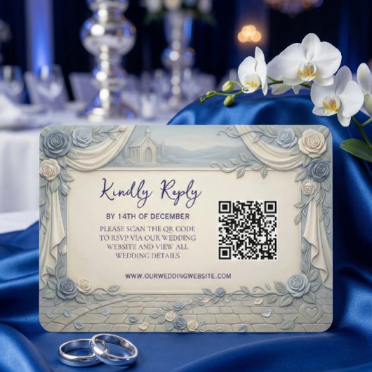 Dusty Blue Rose QR Code Wedding  出欠カード