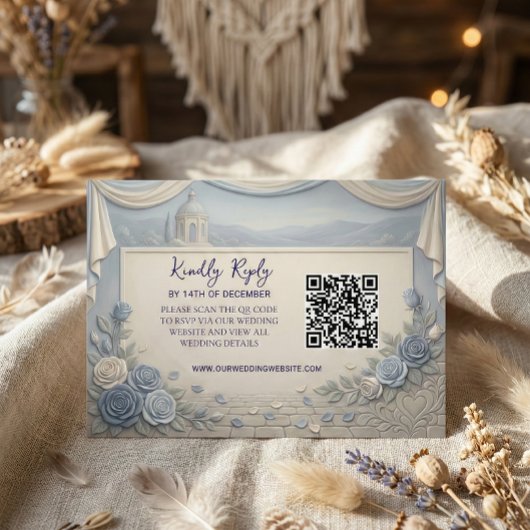 Dusty Blue Rose Romantic Wedding QR Code  出欠カード