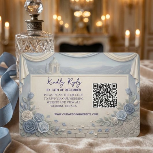 Dusty Blue Rose Romantic Wedding QR Code  出欠カード