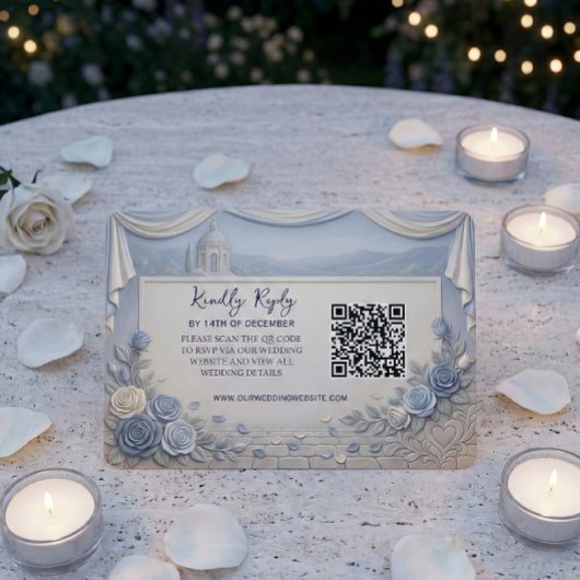 Dusty Blue Rose Romantic Wedding QR Code  出欠カード