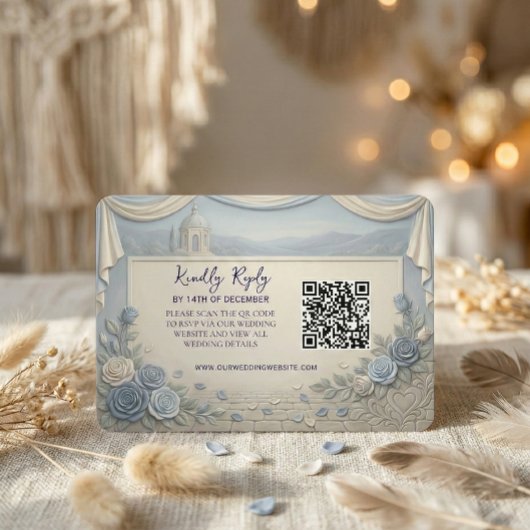 Dusty Blue Rose Romantic Wedding QR Code  出欠カード
