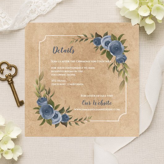 Dusty Blue Rose Rustic Kraft Wedding Details エンクロージャーカード