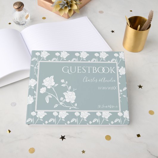 Dusty Blue Rose Wedding Guest Book ゲストブック (正面見開き)