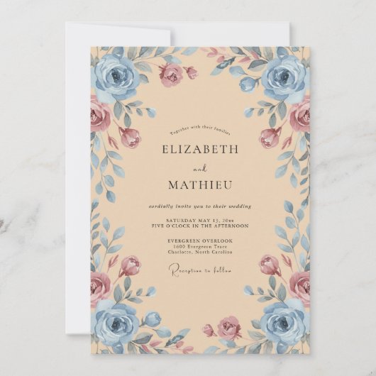 Dusty Blue Rose Whimsical Wedding 招待状 (正面)