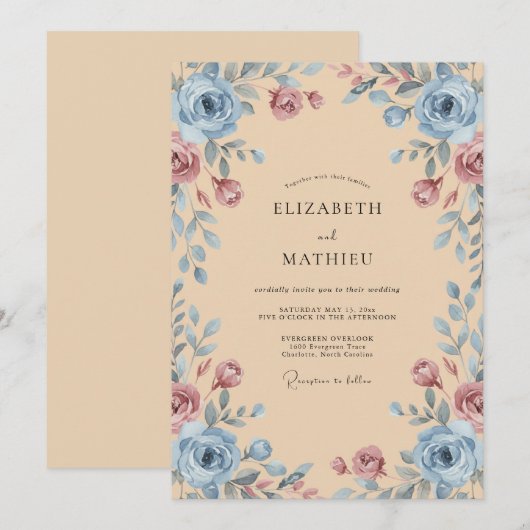 Dusty Blue Rose Whimsical Wedding 招待状 (正面/裏面)