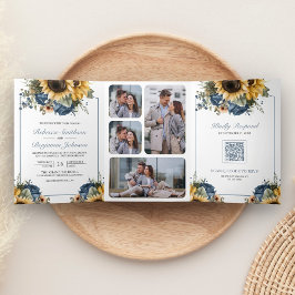 Dusty Blue Roses Sunflowers Photo QR Code Wedding 三つ折り招待状