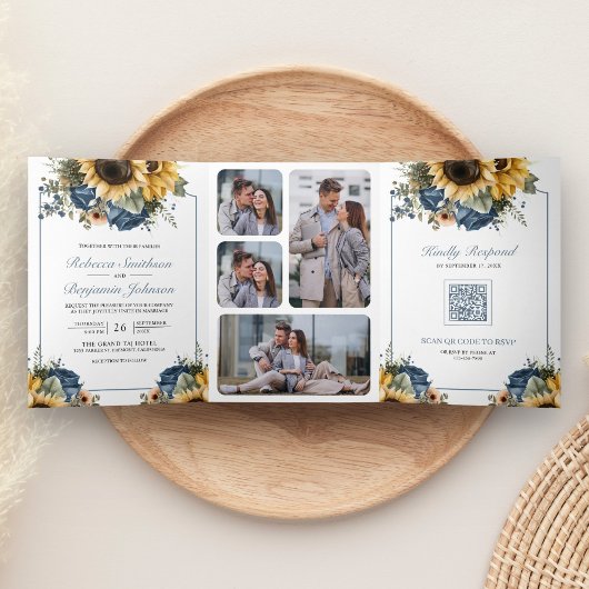 Dusty Blue Roses Sunflowers Photo QR Code Wedding 三つ折り招待状