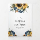 Dusty Blue Roses Sunflowers Photo QR Code Wedding 三つ折り招待状 (カバー)
