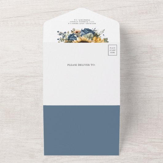 Dusty Blue Roses Sunflowers QR Code Wedding オールインワン招待状 (外側)