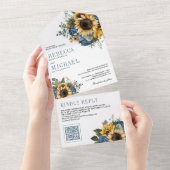 Dusty Blue Roses Sunflowers QR Code Wedding オールインワン招待状 (貼ってはがせる)