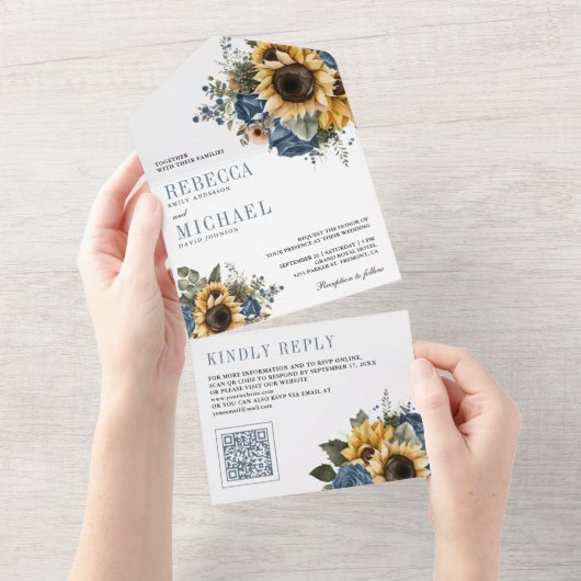 Dusty Blue Roses Sunflowers QR Code Wedding オールインワン招待状 (貼ってはがせる)