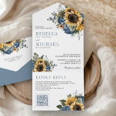 Dusty Blue Roses Sunflowers QR Code Wedding オールインワン招待状