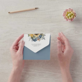 Dusty Blue Roses Sunflowers QR Code Wedding オールインワン招待状