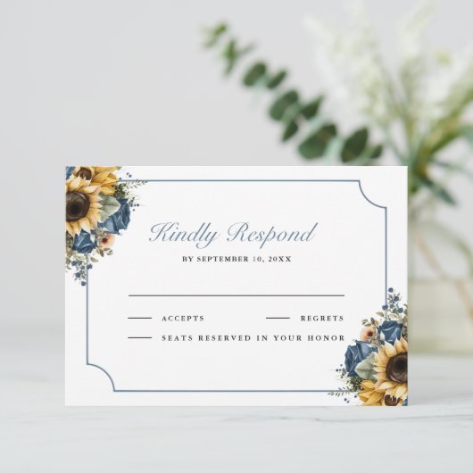 Dusty Blue Roses Sunflowers Wedding 出欠カード (スタンド正面)