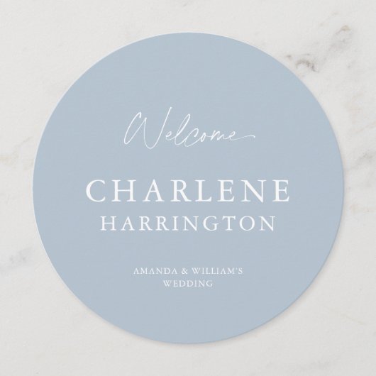 Dusty Blue Round Wedding Menu with Guest Name メニュー (正面)