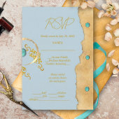 Dusty Blue Rustic Boho Gold Turquoise Wedding 出欠カード
