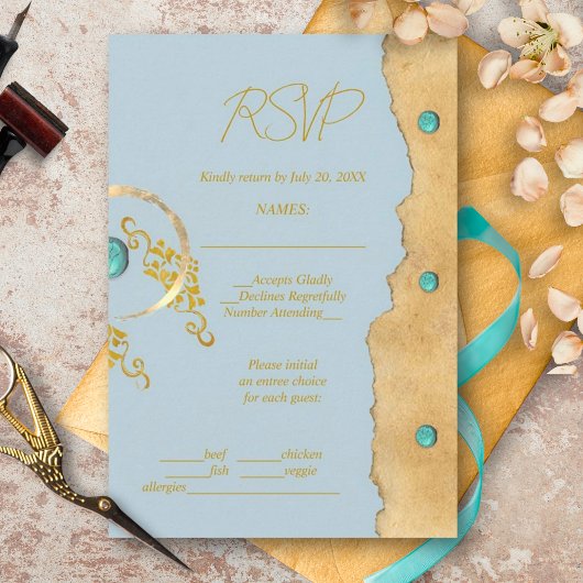Dusty Blue Rustic Boho Gold Turquoise Wedding 出欠カード