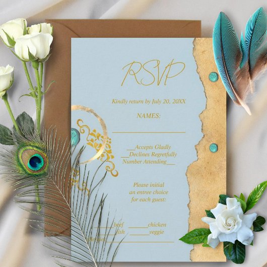 Dusty Blue Rustic Boho Gold Turquoise Wedding 出欠カード