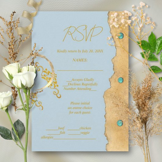 Dusty Blue Rustic Boho Gold Turquoise Wedding 出欠カード