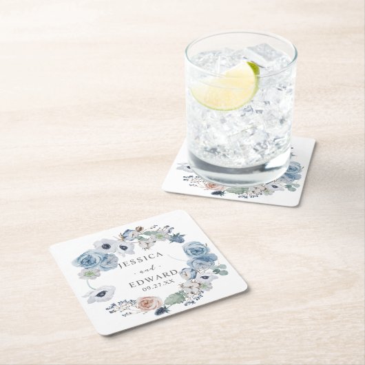 Dusty Blue Rustic Wedding Floral スクエアペーパーコースター (インサイチュ)