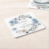 Dusty Blue Rustic Wedding Floral スクエアペーパーコースター (アングル)