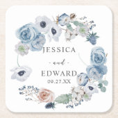 Dusty Blue Rustic Wedding Floral スクエアペーパーコースター (正面)