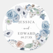  Dusty Blue Rustic Wedding Floral ラウンドシール (正面)