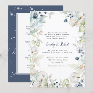 Dusty Blue Sage Greenフローラ結婚のメニュー付き 招待状
