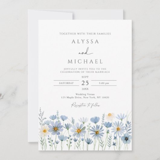 Dusty Blue Sage Wildflower Floral Wedding 招待状 (正面)