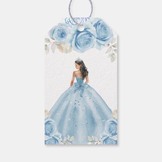 Dusty Blue Script Floral Princess Quinceañera ギフトタグ (裏面)