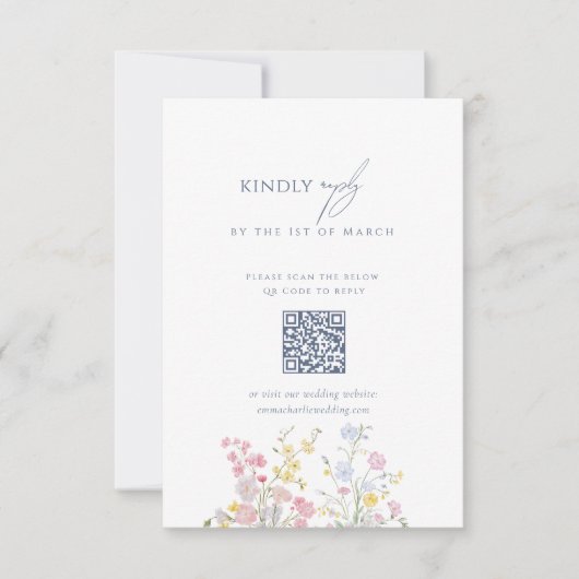 Dusty blue Script Floral Wildflower QR Code 出欠カード (正面)