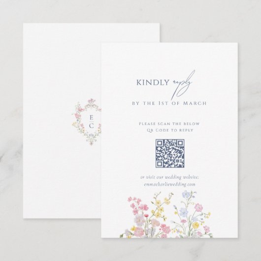 Dusty blue Script Floral Wildflower QR Code 出欠カード (正面/裏面)