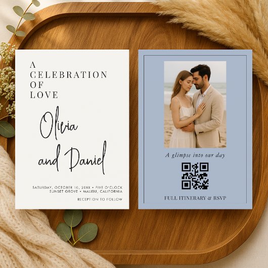 Dusty Blue Script Photo QR Code Wedding 招待状