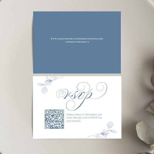 Dusty Blue Script QR Code Wedding RSVP Card