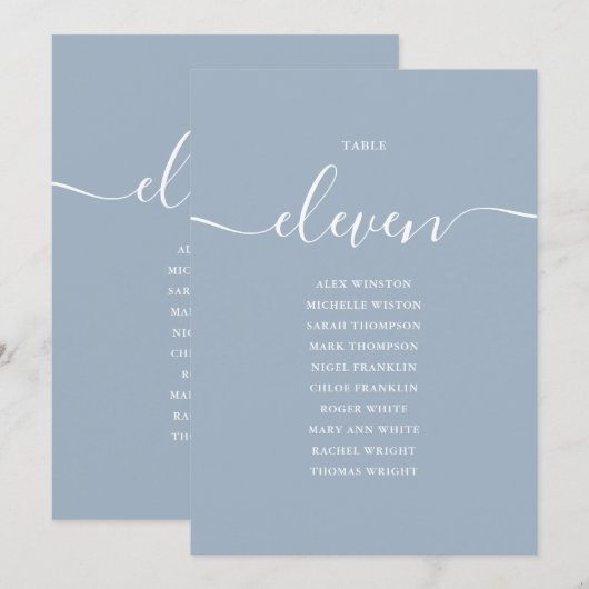Dusty Blue Script Table Number 11 Seating Chart 招待状 (正面/裏面)