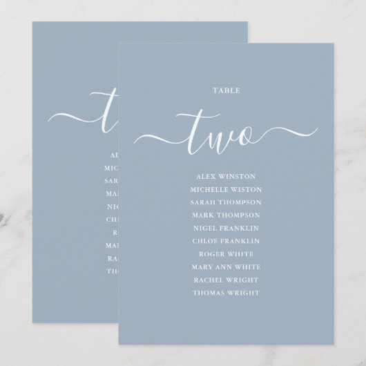 Dusty Blue Script Table Number 2 Seating Chart 招待状 (正面/裏面)